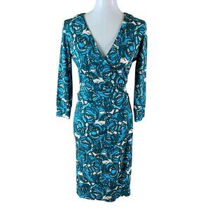 Felicity And Coco Floral Print Wrap Dress Long Sleeve Teal White Small Career